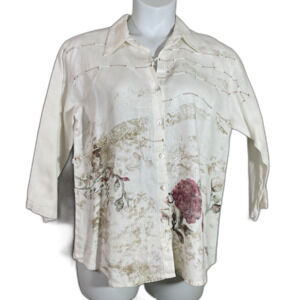 VTG Chicos Design 100% Linen Button up Blouse shirt collar Size L